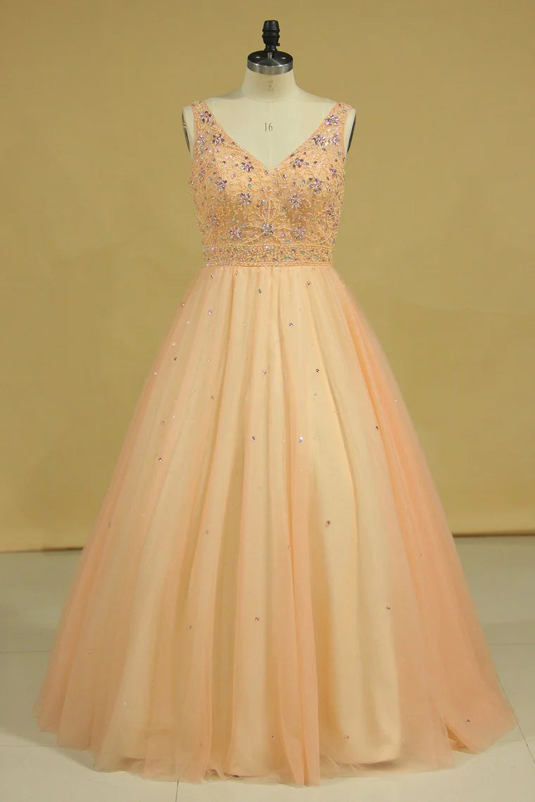 V Neck Beaded Bodice Floor Length Ball Gown Tulle Party Dresses